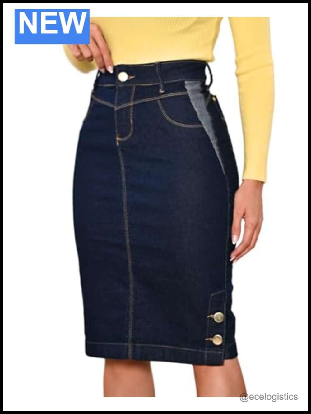Women's Straight Stretch Denim Skirt Knee Length Side Button Regular Plus